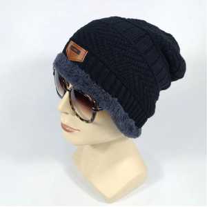 Men's winter knit beanie with warm fleece lining and ear protection in black color