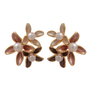 18K gold plated flower earrings with enamel petals and central pearls on white backdrop