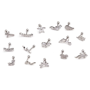 Collection of silver stainless steel screw back ear studs with zircon gecko and star shapes