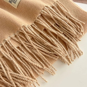 Solid beige double-sided scarf with thick cashmere texture and long tassel fringe