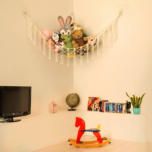 Bohemian off-white cotton rope triangular net hammock for plush toy storage and wall decor
