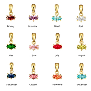 Golden marquise birthstone necklaces collection for twelve months on white background