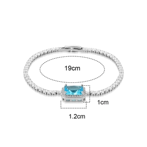 Detail of blue rectangular zircon bracelet showing 19cm length and 1cm pendant size dimensions