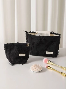 Black cotton linen makeup bag set with tassels and vintage frayed edges for women