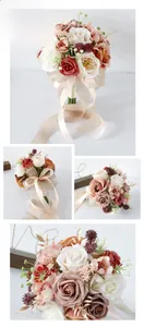 Detail of bridal bouquet with cream roses, caramel flowers and champagne silk ribbons