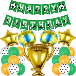 Soccer theme birthday party decoration set with green banner and gold trophy balloon