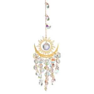 Evil eye sun and moon crystal suncatcher with golden frame and iridescent beads