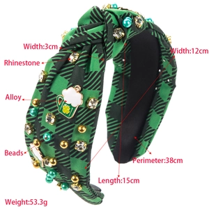 Green and black plaid knotted headband with rhinestone beer charm for St. Patrick's Day