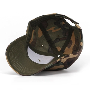 Detail view of the interior structure and adjustable strap of a camouflage baseball cap