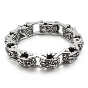 Mens Stainless Steel Bracelet Retro Filigree Scrollwork Engraved X Shape Hollow Link Chain Jewelry Gothic Punk Style