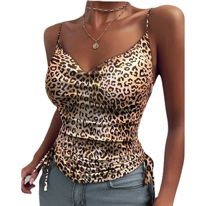 Women's leopard print satin camisole with deep V-neck and adjustable side drawstrings