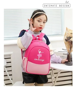 Close-up of pink girls ballet backpack with dancing silhouette and Intimate Design detail