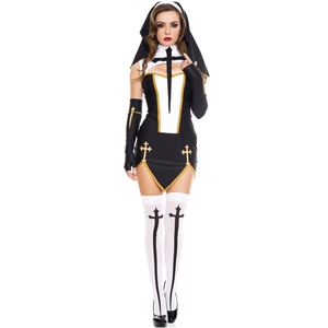 Detail view of nun cosplay costume featuring black dress with gold cross and white stockings