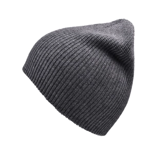 Close-up of thick dark grey ribbed knit beanie showing high-quality fiber texture