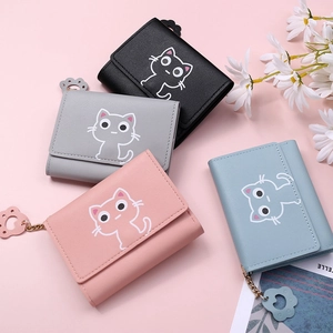 Cute cartoon cat trifold short wallets in multiple colors with matching paw charms