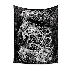 Bohemian black and white skull tapestry with gothic floral and skeletal art design