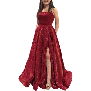 Sequin Evening Gown Spaghetti Strap High Slit Lace Up Back Floor Length Formal Party Dress For Women