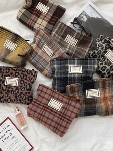 Vintage Woolen Checkered Cosmetic Bag Retro Tweed Leopard Print Makeup Storage Pouch Zippered Travel Toiletry Case