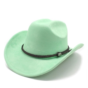 Detail of mint green suede cowboy hat with brown braided band and silver heart buckle