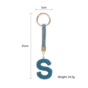 Blue rhinestone letter S keychain with gold ring and sparkling strap, height 15cm
