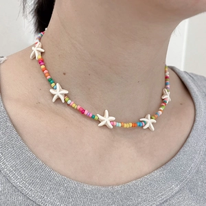 Bohemian Handmade Beaded Starfish Pendant Necklace For Women Beach Style Mother Of Pearl Clavicle Chain Jewelry