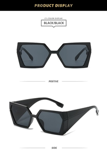 Detailed front and side views of black square geometric frame sunglasses with dark lenses