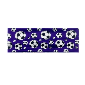 Detailed texture of purple elastic sports headband with black and white football patterns