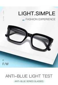Macro shot of black square full-frame glasses showing anti-blue light lens test details