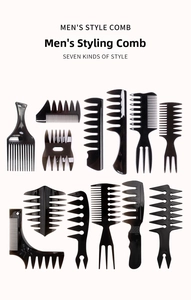 Detailed set of professional black men's hair styling combs with wide teeth in a flat layout