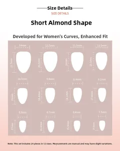 Size chart showing 12 dimensions for short almond press-on nails in pink gradient style