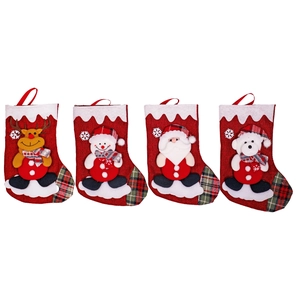 Set of four burlap Christmas stockings with 3D Santa, reindeer, snowman and bear characters