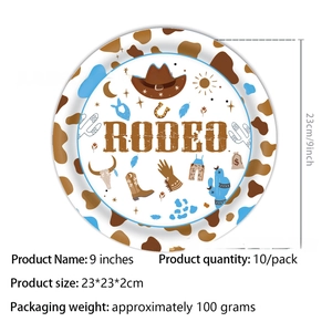 Detail of 9-inch Rodeo themed paper plate featuring cowboy hat and cow print pattern