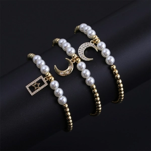 Fashion Beaded Bracelet Gold Plated Copper Beads Faux Artificial Pearl Zircon Moon Star Pendant Elastic Jewelry For Women