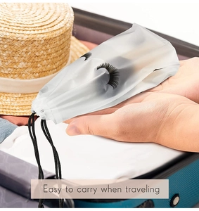Close-up of translucent frosted storage bag with eyelash print and black drawstrings