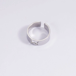 Detail shot of silver butterfly hollow-out pattern on polished stainless steel ring band