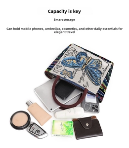 Flat lay showing large capacity of the embroidered butterfly bag with daily essentials