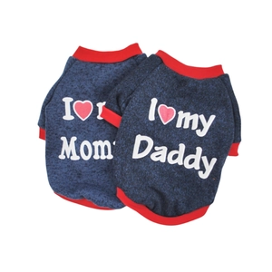 Flat lay of blue pet fleece vests featuring I Love Mom and I Love Daddy white lettering