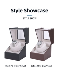 Detail of automatic watch winder box in black and coffee PU leather with soft gray lining