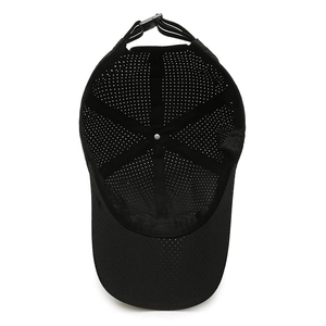 Black polyester baseball cap with breathable laser-cut holes and adjustable back closure