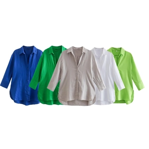 Camicetta Da Donna In Lino Camicia A Maniche Lunghe Spacco Laterale Colletto Rovervesciato Monopetto Tinta Unita Top Casual