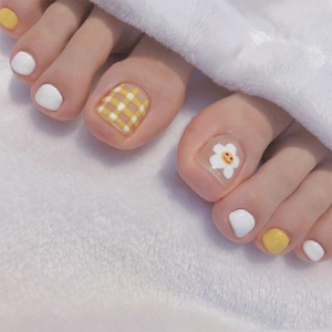 Yellow White Checkered Press On Toe Nails With Smile Flower Daisy Design Glossy Full Cover Summer Style For Women
