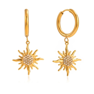 Titanium steel sun earrings with rhinestones and gold plating shown in dual angles