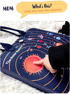 Detail of Montessori solar system busy board felt bag with planets for toddler learning