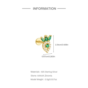 Detailed dimensions of gold pineapple earring in S925 silver with green marquise zircon