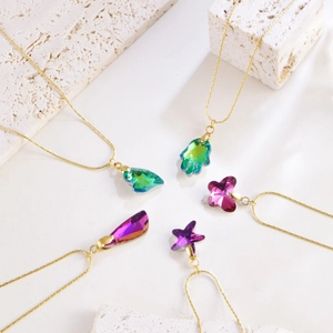 Fashion Non-fading Stainless Steel Jewelry Gradient Colorful Glass Butterfly Heart Star Hamsa Pendant Necklace Earrings