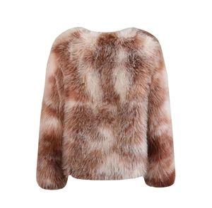 Detailed texture of brown and beige faux fur on a short crewneck autumn winter coat