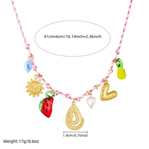 Detail view of woven necklace with dimensions 41 plus 6 cm and colorful pendants