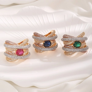 Fashion Copper Ring Multi-Layer Twisted Band Oval Pink Blue Green Rhinestone Geometric Elegant Finger Jewelry For Women