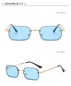 Detail view of gold hexagonal metal sunglasses with light blue lenses from multiple angles