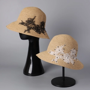 Women Straw Sun Bucket Hat With Lace Flower Embroidery And Beads Wide Brim Foldable Breathable Summer Beach Vacation Elegant French Style